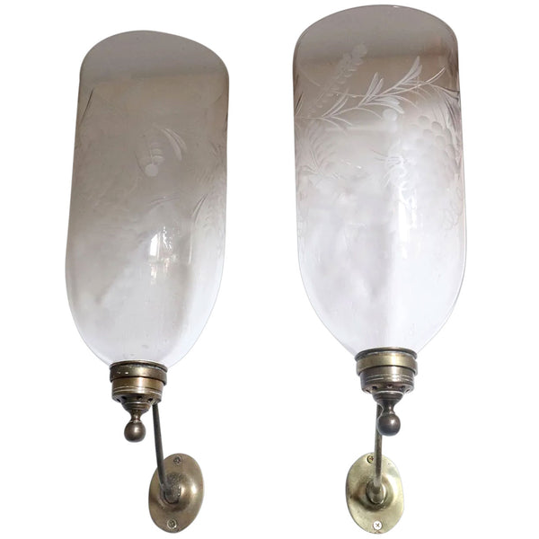 Pair English Georgian Brass and Etched Glass Hurricane Shade One-Light Candle Sconces