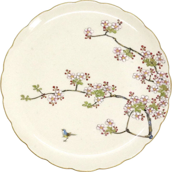 Japanese Satsuma Earthenware Cherry Branch and Bird Round Dish / Plate