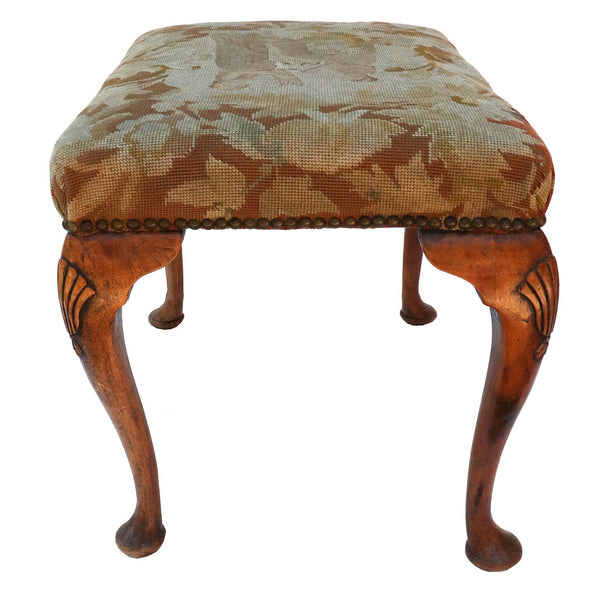 English Queen Anne Style Needlepoint Upholstered Walnut Stool