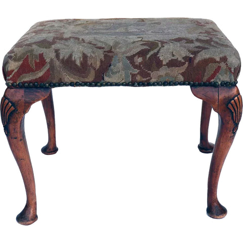 English Queen Anne Style Needlepoint Upholstered Walnut Stool