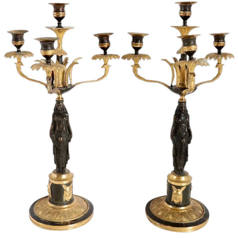 Pair of French Empire Fire Gilt and Patinated Bronze Four-Light Figural Candelabra