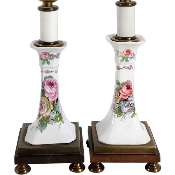 Pair of Vintage English Transferware Floral Porcelain Candlestick One-Light Table Lamps