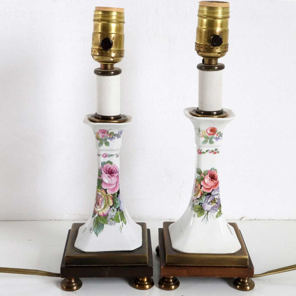 Pair of Vintage English Transferware Floral Porcelain Candlestick One-Light Table Lamps