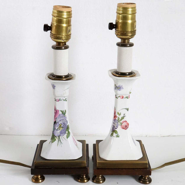 Pair of Vintage English Transferware Floral Porcelain Candlestick One-Light Table Lamps