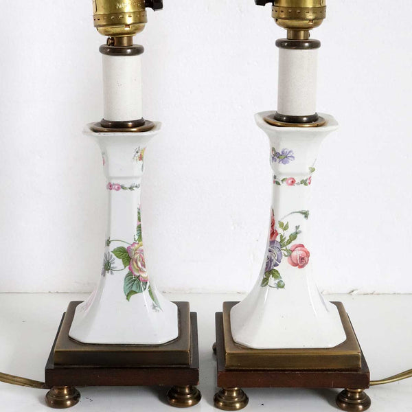 Pair of Vintage English Transferware Floral Porcelain Candlestick One-Light Table Lamps