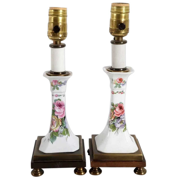 Pair of Vintage English Transferware Floral Porcelain Candlestick One-Light Table Lamps