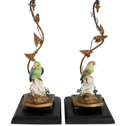 Pair of German Dresden Porcelain Bird and Gilt Bronze One-Light Table Lamps