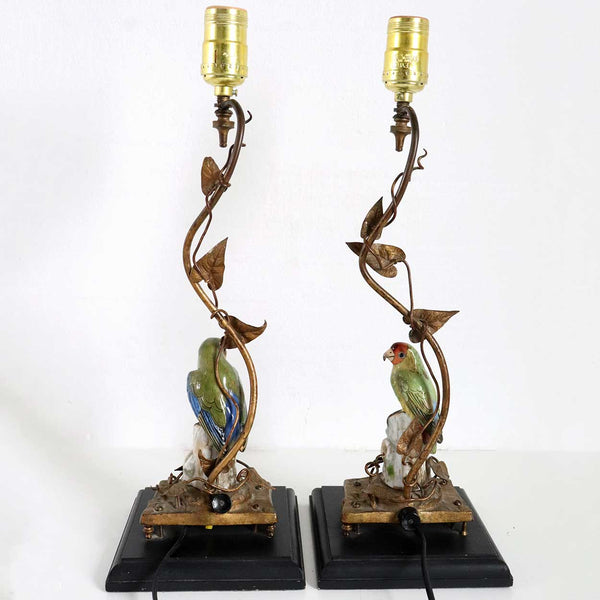 Pair of German Dresden Porcelain Bird and Gilt Bronze One-Light Table Lamps