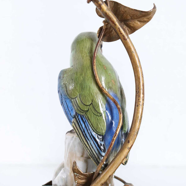 Pair of German Dresden Porcelain Bird and Gilt Bronze One-Light Table Lamps