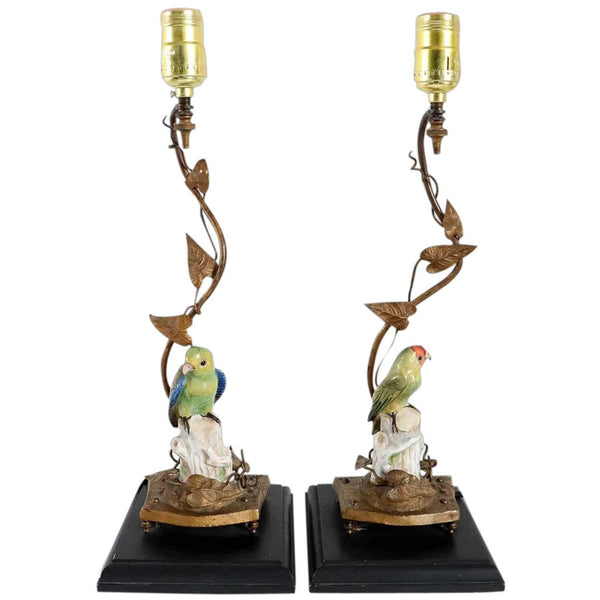 Pair of German Dresden Porcelain Bird and Gilt Bronze One-Light Table Lamps