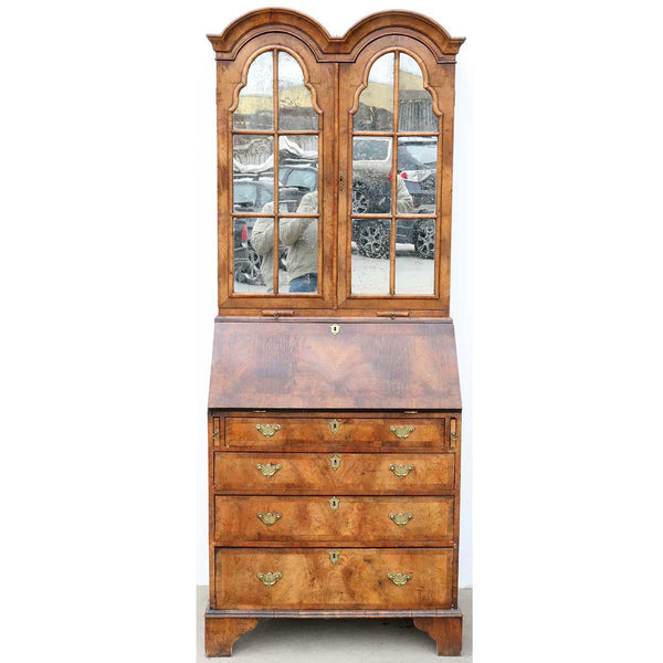 Vintage English George III Style Walnut Veneer Secretaire Mirorred Bookcase