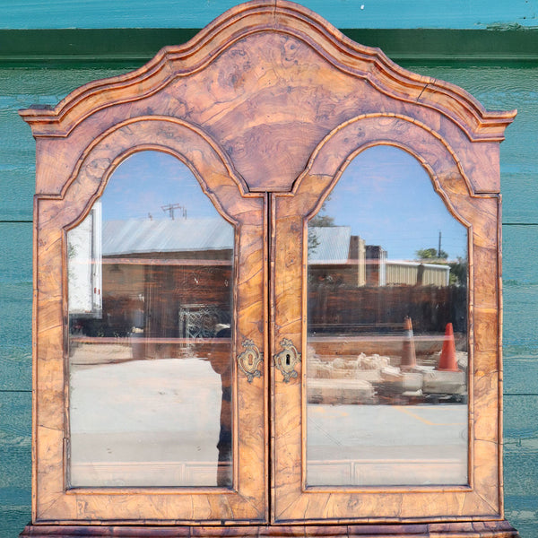 Fine German Baroque Burr Walnut Veneer Two-Part Secretaire Glazed Door Bookcase
