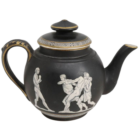 Small English Prattware Black Earthenware Pottery Old Greek Teapot