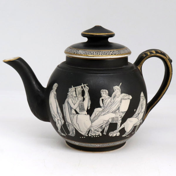 Small English Prattware Black Earthenware Pottery Old Greek Teapot