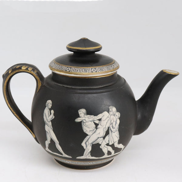 Small English Prattware Black Earthenware Pottery Old Greek Teapot