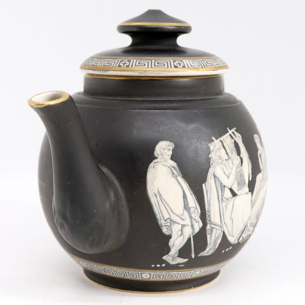 Small English Prattware Black Earthenware Pottery Old Greek Teapot