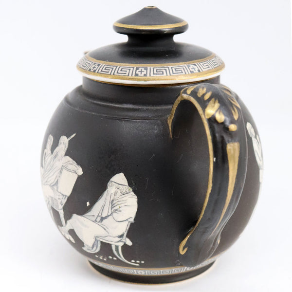 Small English Prattware Black Earthenware Pottery Old Greek Teapot