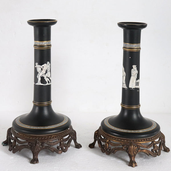 Pair of Large English Prattware Black Earthenware Pottery Old Greek Candlesticks