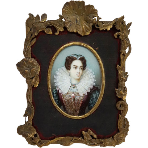 French Signed Miniature Goauche Painting, Portrait of a Lady in Elizabethan Dress