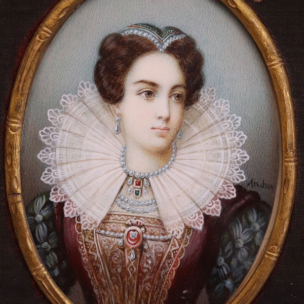 French Signed Miniature Goauche Painting, Portrait of a Lady in Elizabethan Dress