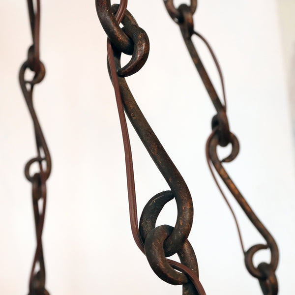 Vintage Wrought Iron and Glass Crown Form Six-Light Chandelier