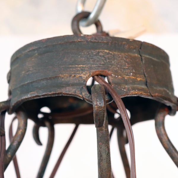 Vintage Wrought Iron and Glass Crown Form Six-Light Chandelier