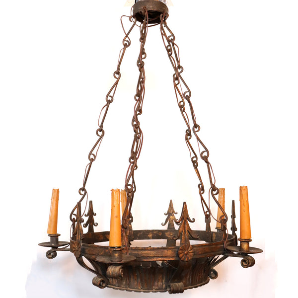 Vintage Wrought Iron and Glass Crown Form Six-Light Chandelier