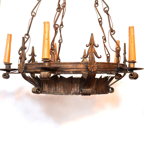 Vintage Wrought Iron and Glass Crown Form Six-Light Chandelier