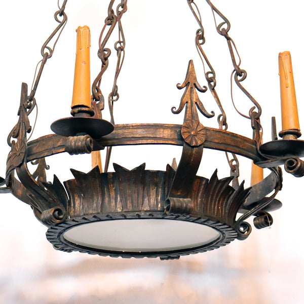 Vintage Wrought Iron and Glass Crown Form Six-Light Chandelier