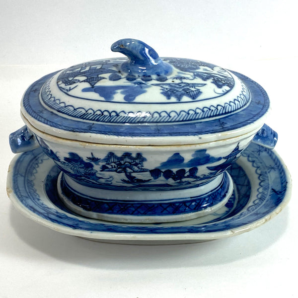 Chinese Export Canton Porcelain Covered Sauce Tureen and Undertray