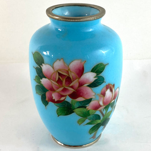 Vintage Japanese Cloisonne Enamel Blue Floral Cabinet Vase