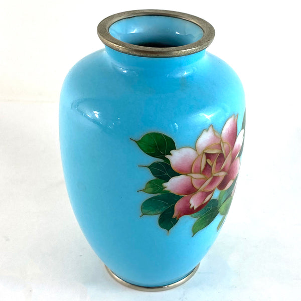 Vintage Japanese Cloisonne Enamel Blue Floral Cabinet Vase
