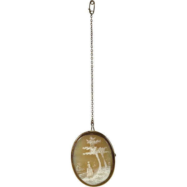 Italian Gold Filled Shell Cameo Oval Pendant and Chain with Pin