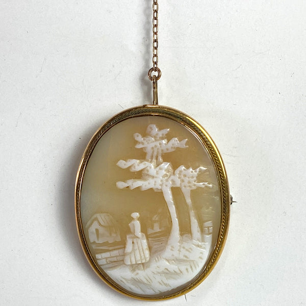 Italian Gold Filled Shell Cameo Oval Pendant and Chain with Pin