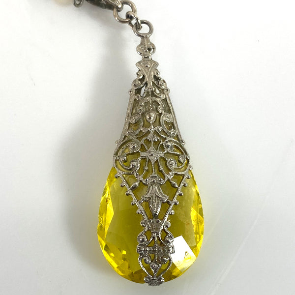 Two-Piece Czechoslovakian Art Deco Yellow Crystal Briolette Pendant Necklace