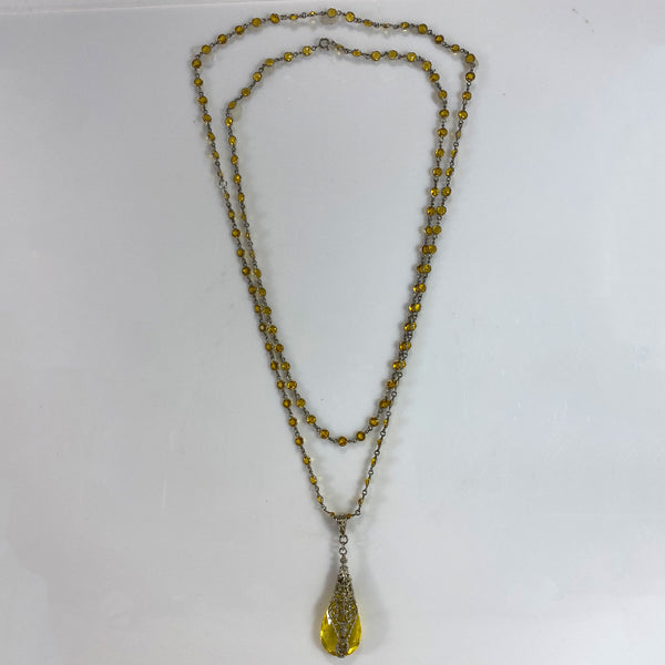 Two-Piece Czechoslovakian Art Deco Yellow Crystal Briolette Pendant Necklace