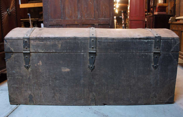 Large Early Indo-Portuguese Iron Mounted Painted Teak Dome Top Trunk