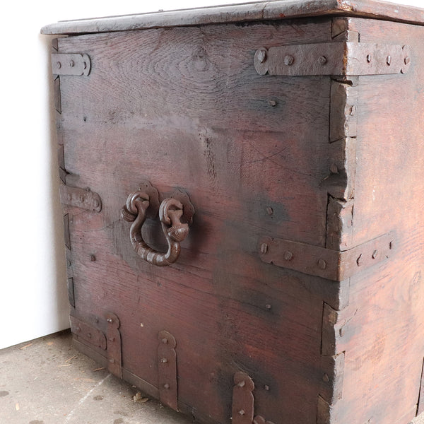 Early Indo-Portuguese Flat-top Iron Mounted Wooden Trunk