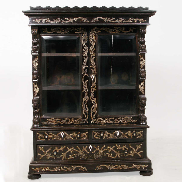 Rare Anglo Indian Monghyr Ivory Inlaid Ebony Miniature Cabinet