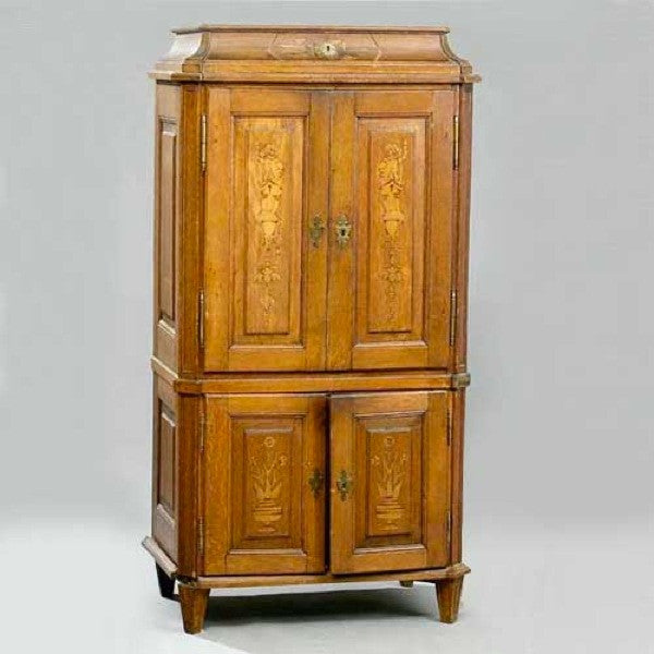 German Baroque Inlaid Oak Two-Part Side Cabinet