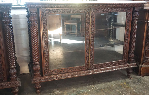 Rare Pair Anglo Indian Marble Top Rosewood and Beveled Glass Display Cabinets