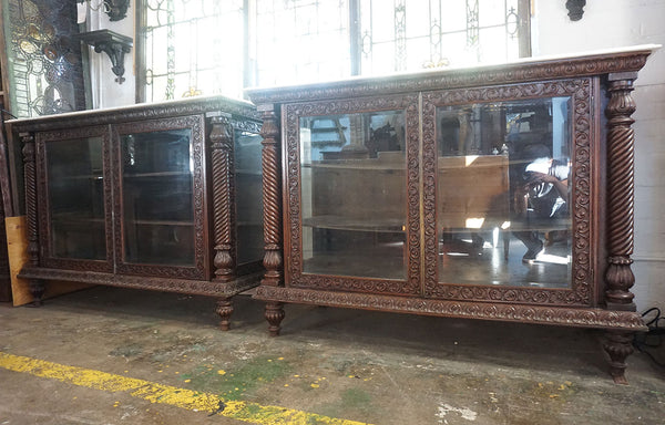 Rare Pair Anglo Indian Marble Top Rosewood and Beveled Glass Display Cabinets