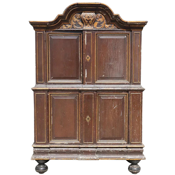 Danish/Swedish Baroque Painted, Parcel Gilt Pine Two-Part Cabinet