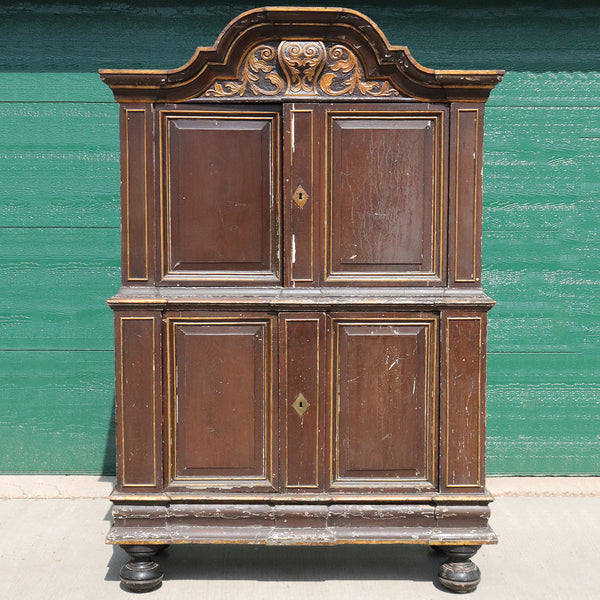 Danish/Swedish Baroque Painted, Parcel Gilt Pine Two-Part Cabinet