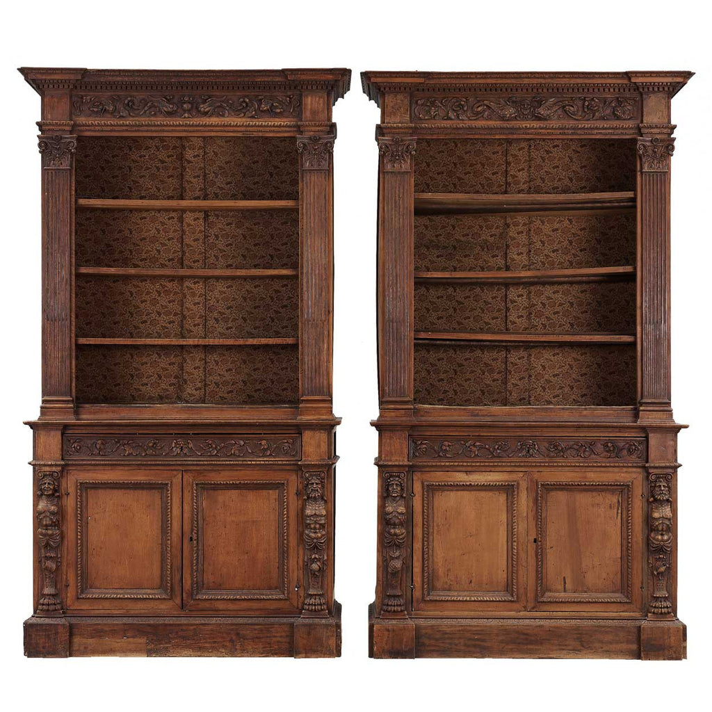 Italian Renaissance Bookcase Pair of Large Italian Renaissance Revival Walnut Open Bookcase Cabinets