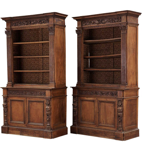 Pair of Large Italian Renaissance Revival Walnut Open Bookcase Cabinets