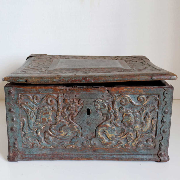 Early Swedish Baroque Iron Mounted Carved and Painted Oak Coffer Box