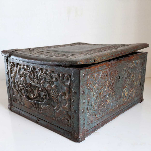 Early Swedish Baroque Iron Mounted Carved and Painted Oak Coffer Box