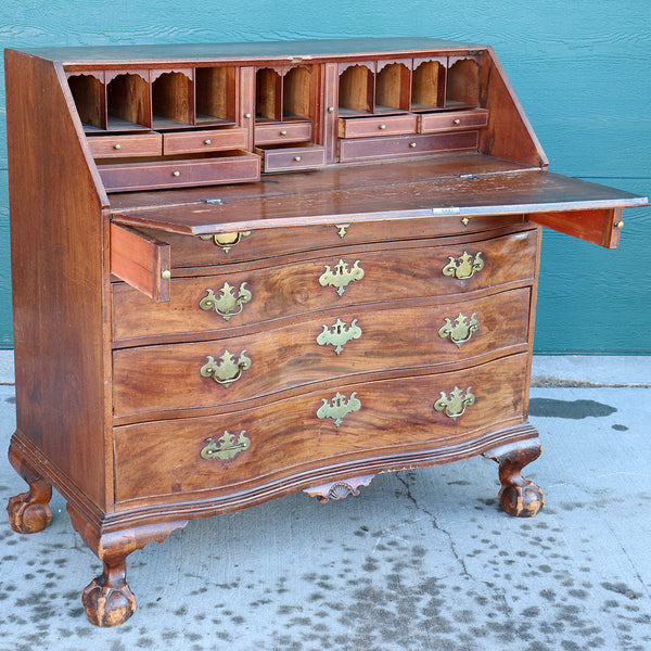 American Massachusetts Chippendale Figured Mahogany Oxbow Drop Front Desk