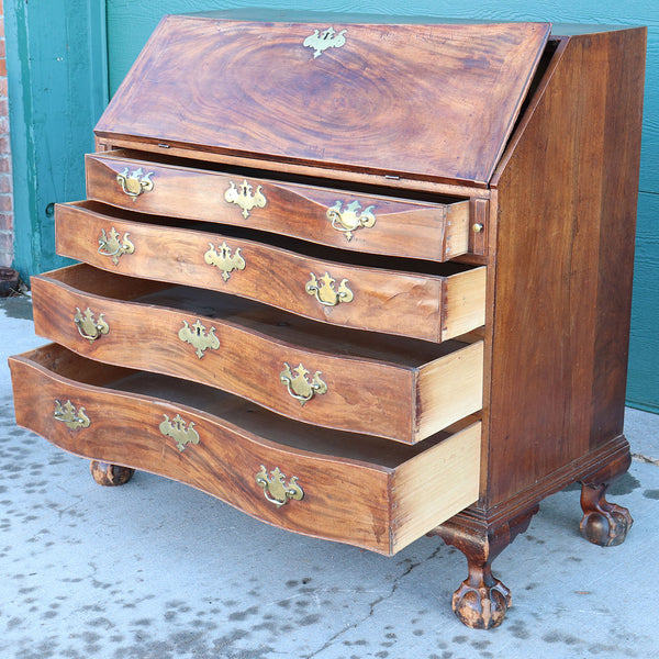 American Massachusetts Chippendale Figured Mahogany Oxbow Drop Front Desk